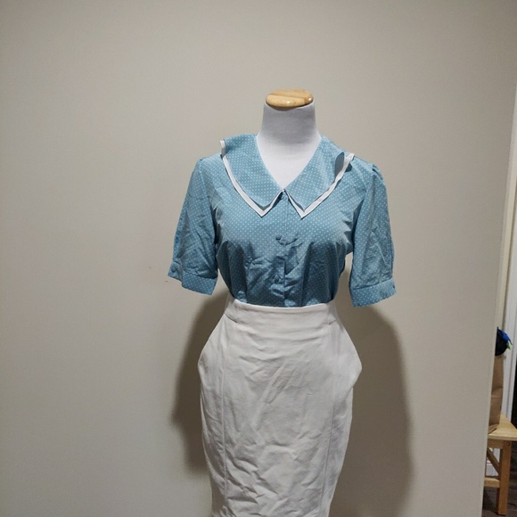 Set of Vintage blue polka dot blouse and skirt - Picture 3 of 4